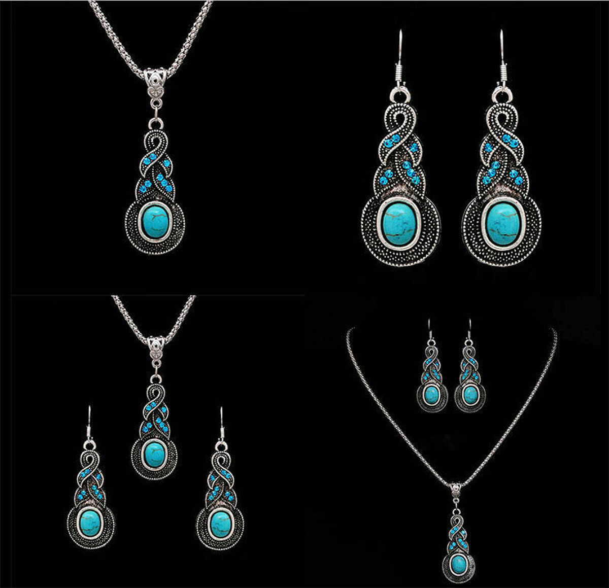 DESIGNER INSPIRED BLUE FAUX TURQUOISE SILVER NECKLACE & EARRINGS
