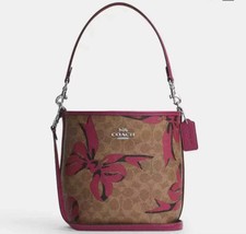 Authentic New Coach City Bucket Bag In Signature Canvas With Bow Print Pink Tan