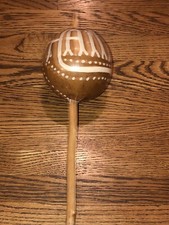 Vintage Haiti Detailed Carved Painted Gourd Shaker Wooden Rattle Rumba Maraca