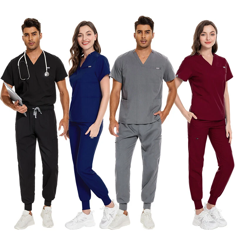 Unisex Stretch Jogger Scrub Set Solid V-Neck Top Men Women Jogger Nurse  Uniform