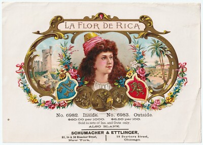 RARE Original FLOR de RICA Lg Sample Cigar Box Label Schumacher & Ettlinger 1890