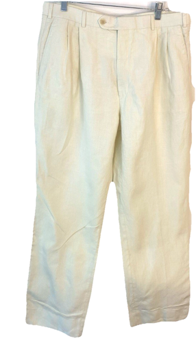 Brooks Brother Pants Men's 36 x 32 Cream 100% Linen Pleated Dress Trousers