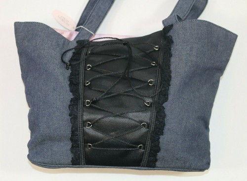 Victoria's Secret Tote Bag Lace Up Corset Women Denim Black NWT New With Tags - Picture 2 of 9