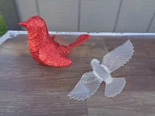 2 - Large Bird Hanging Ornaments Red Glittery Bird and Clear Plastic Bird