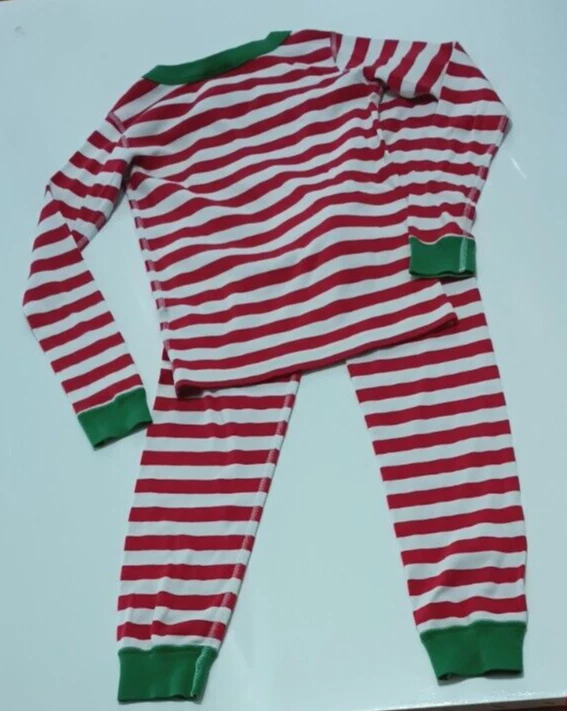 Hanna Anderson Red White Green Stripe Long John Pajamas Organic Cotton 130 8 US - Image 2 of 4