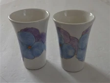 2 Mint Vtg Ernestine Salerno Italy Painted Ceramic Pansy Decorated Tumblers Cups