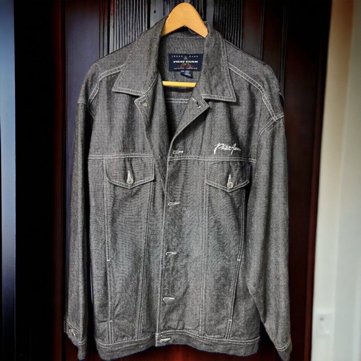 PHAT FARM Mens Jacket XXXL Black Denim Button Down Great Condition 