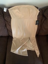 Lulus Womens Happiest Hour Beige Asymmetrical Bodycon Midi Dress Sheath Large