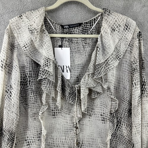 ZARA Top Damen XL Beige Schlangenmuster Rüschen V-Ausschnitt Langarm Knopfleiste Neu - Bild 3 von 14