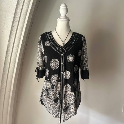 Share Design Works Y2K Blouse Sz L Black White Floral Beaded Office Gothic