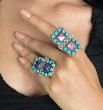 Handmade Sterling Silver Cotton Candy Turquoise with Kingman, Grape Dahlia with