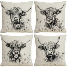 Set of 4 Highland Cow Pillow Covers 18x18 Inch, Farmhouse Cow Floral Throw Pi...