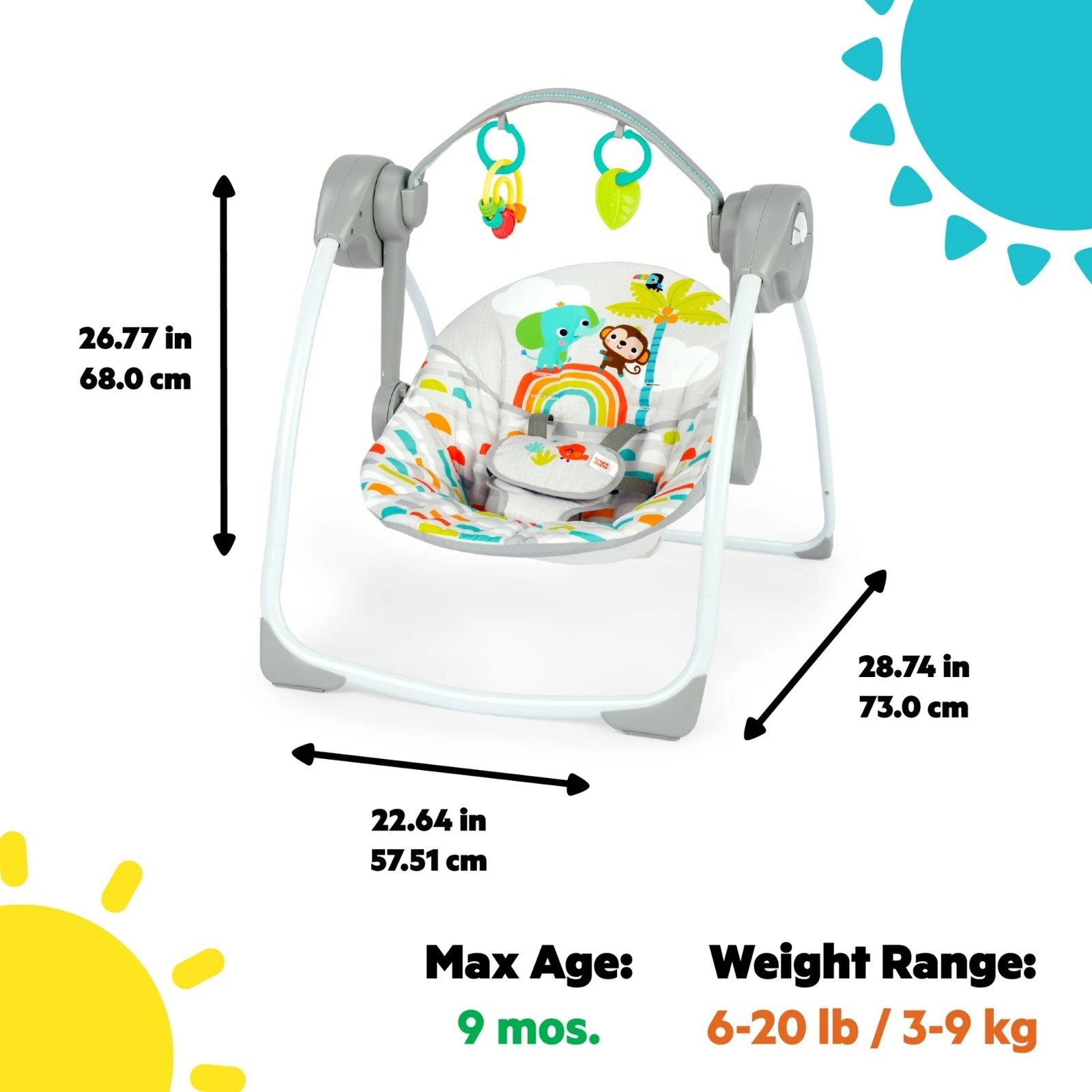 Bright Starts Playful Paradise Portable Compact Baby Swing with Toys, Unisex, Ne