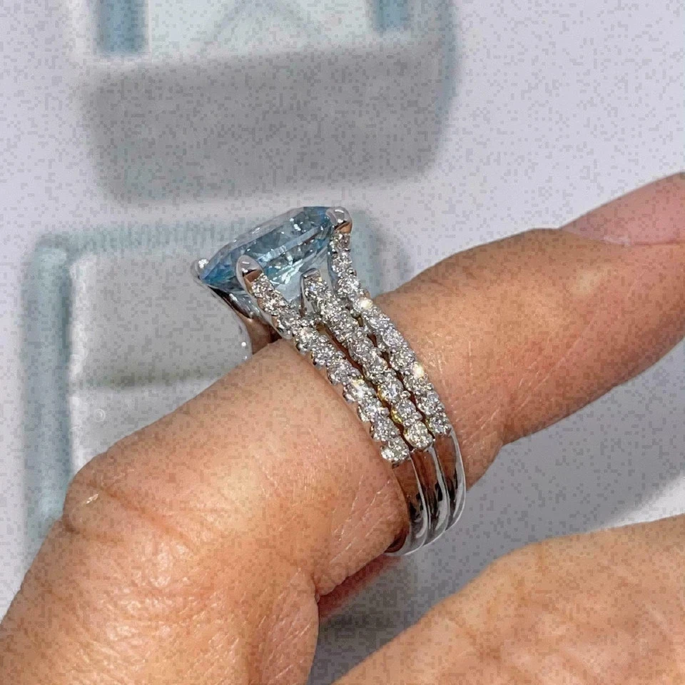 Помолвочное кольцо из чистого белого золота 14 карат с натуральным аквамарином овальной огранки 2,55 карата - Изображение 4 из 4