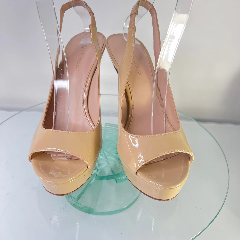 Pelle Moda Oana Platform Sandals Size 7 M Nude Patent Leather slingback Peep Toe - Image 4 of 4