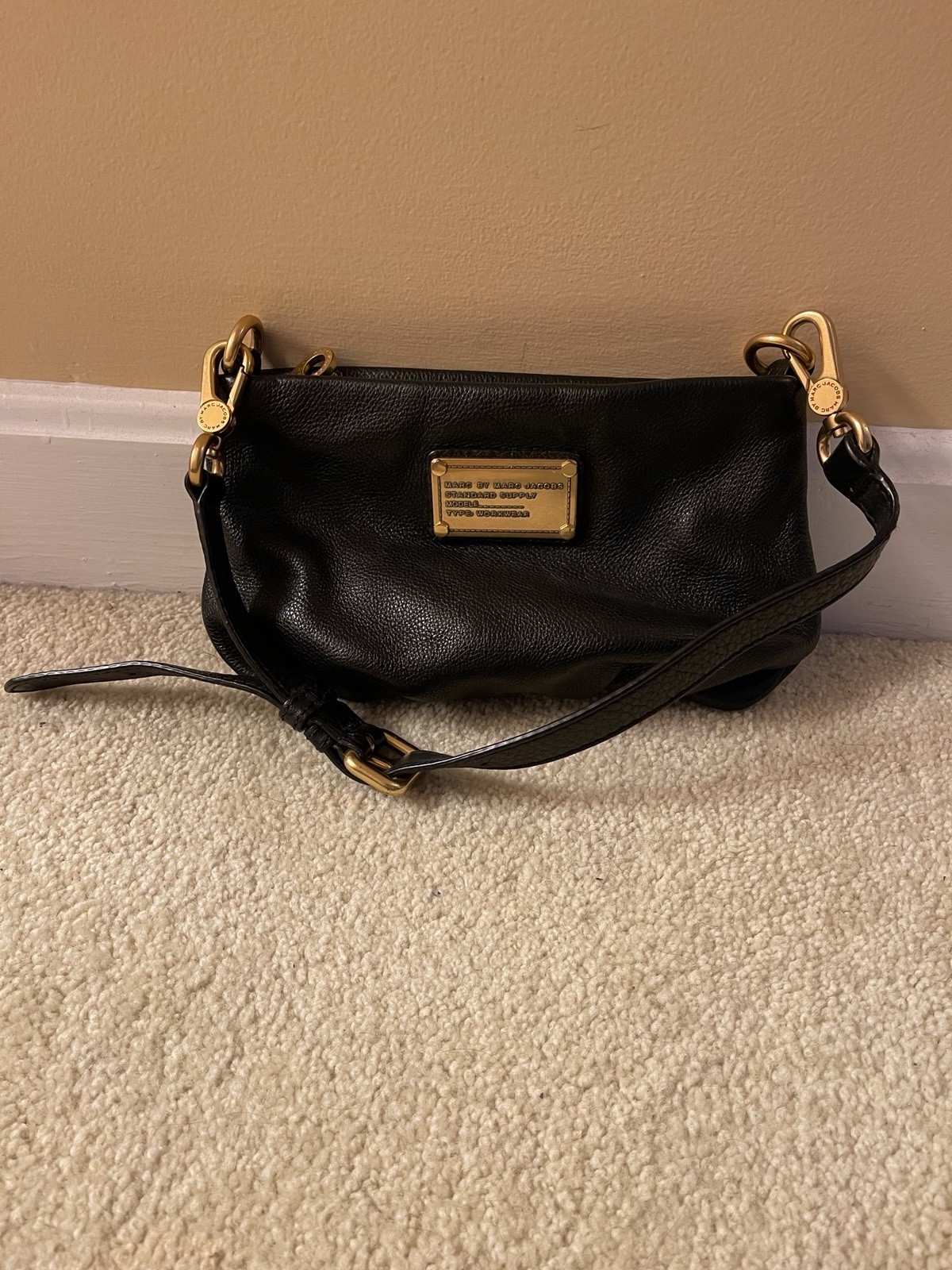 Marc by Marc Jacobs Pebbled Black Logo Crossbody Gold Hardware Zip Detach Strap