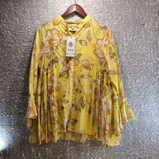 Chloe Laetitia Women Yellow Button Up Long Bell Sleeve Cotton Peasant M, L NWT