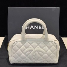 Chanel Boston Hand Bag White Caviar Leather Gold Auth