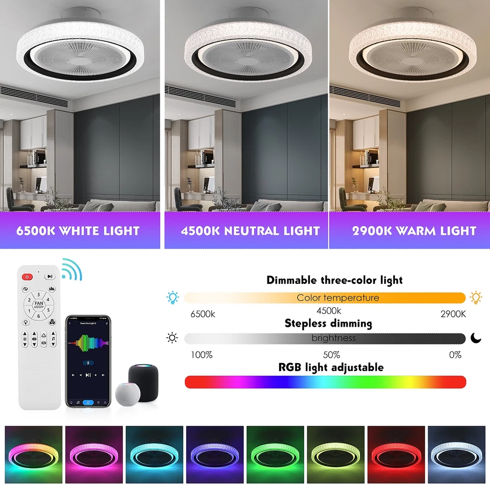 LED Ceiling Fan Light Dimmable RGB Adjustable Wind 6 Speeds with Music Speaker - Image 2 of 4
