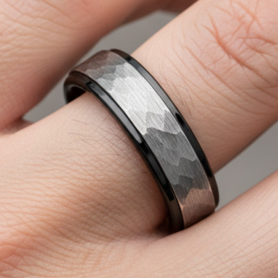 6mm Men s Two-Tone Tungsten Ring with Hammered Gunmetal & Black Step Edge Design