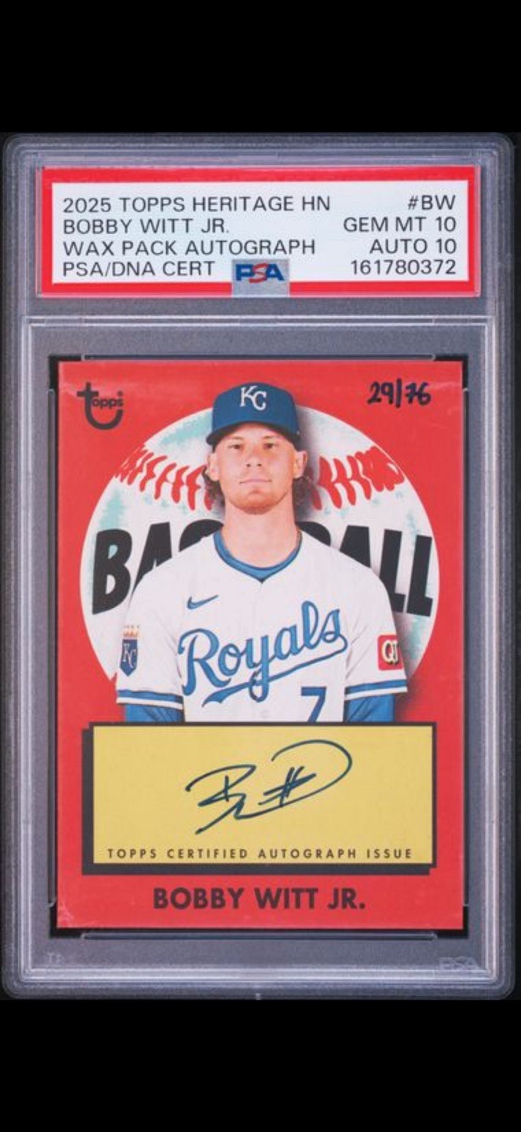 Bobby Witt Jr. #WPA-BW Baseball Cards 2025 Topps Heritage High Number Wax Pack Autograph trading card — raw and PSA graded price guide