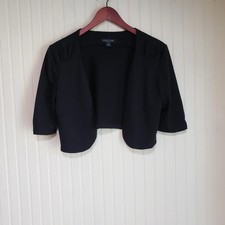 Perceptions Blazer Womens Medium Black Open Front Knit 3/4 Sleeve Cropped