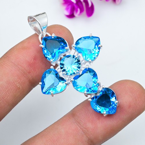 925 Sterling Silver Pendant Blue Topaz Gemstone Cross Pendant Handmade Jewelry