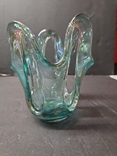 Murano Style Stretched Ribbon Vase Teal And Gold, Handblown