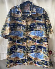 RJC Mens 2XL XXL Hawaiian Aloha Button Up Shirt Waimea Bay Oahu Surf Blue Vtg 
