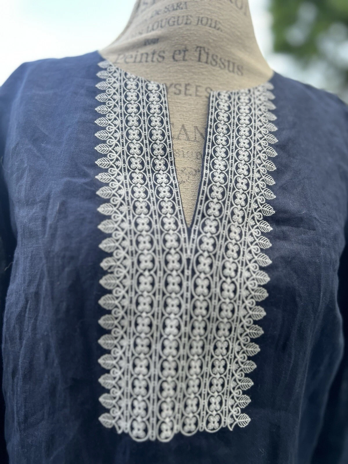 Abito tunica TORY BURCH blu navy scuro bianco impreziosito ricamo TG M