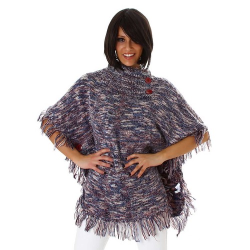 Damen Poncho Pullover warm flauschig weich Fransen Rollkragen Knöpfe 36 38 40 - Bild 20 von 22