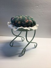 Handmade Pincushion, One of a Kind, Green metal base, floral cushion, New.