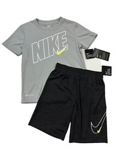 Nike NWT Boys Size 4 Light Gray T Shirt Black Shorts Logo 2 Piece Set Outfit