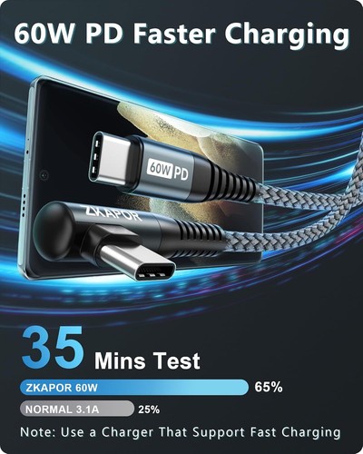 USB C to USB C Cable Short 30CM Type C to Type C Cable Right Angle 60W Type C - Picture 2 of 9