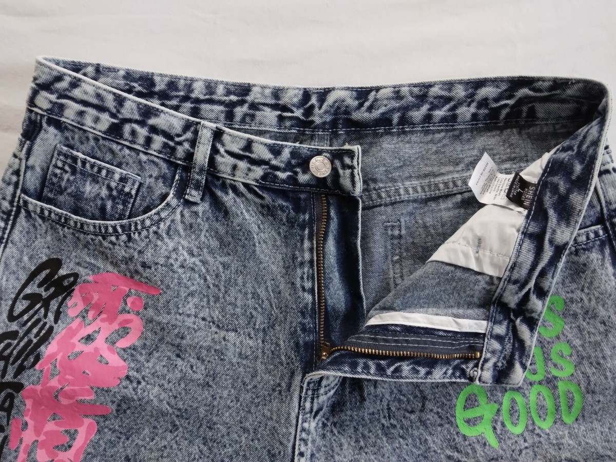 Shein Distressed Mom Stonewash Graffiti Jeans Women's Size