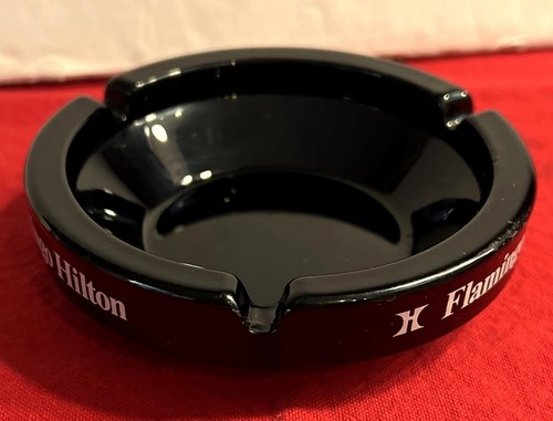Vintage Black Glass Ashtray Flamingo Hilton Hotel Las Vegas ? 4.5" Diameter - Picture 4 of 5