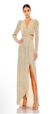 New Mac Duggal 27050 Gold Metallic Puff Sleeve Front Twist Cut-Out Gown - Size 2