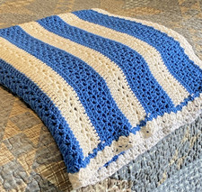 Baby Blanket, Blue White Knit, Handcrafted 60" x 36" Crib Blanket