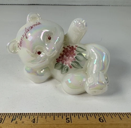 Vintage FENTON Reclining Bear Figurine Hand Painted PENNSYLANIA Flowers Signed