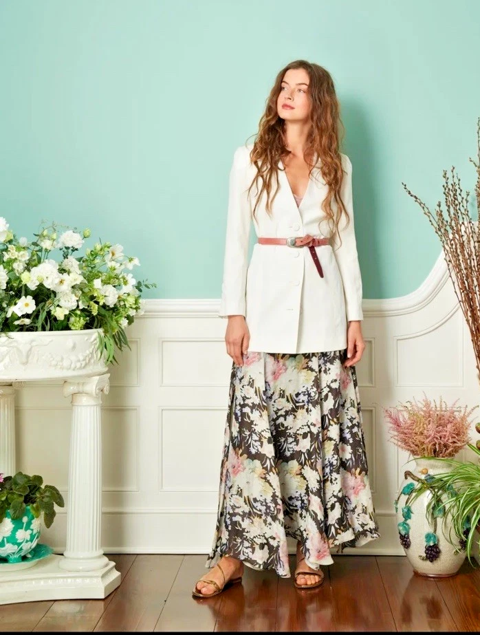 Black Iris Women Size 2 Lila June Floral Maxi Skirt Silk Linen Blend Boho Whimsy