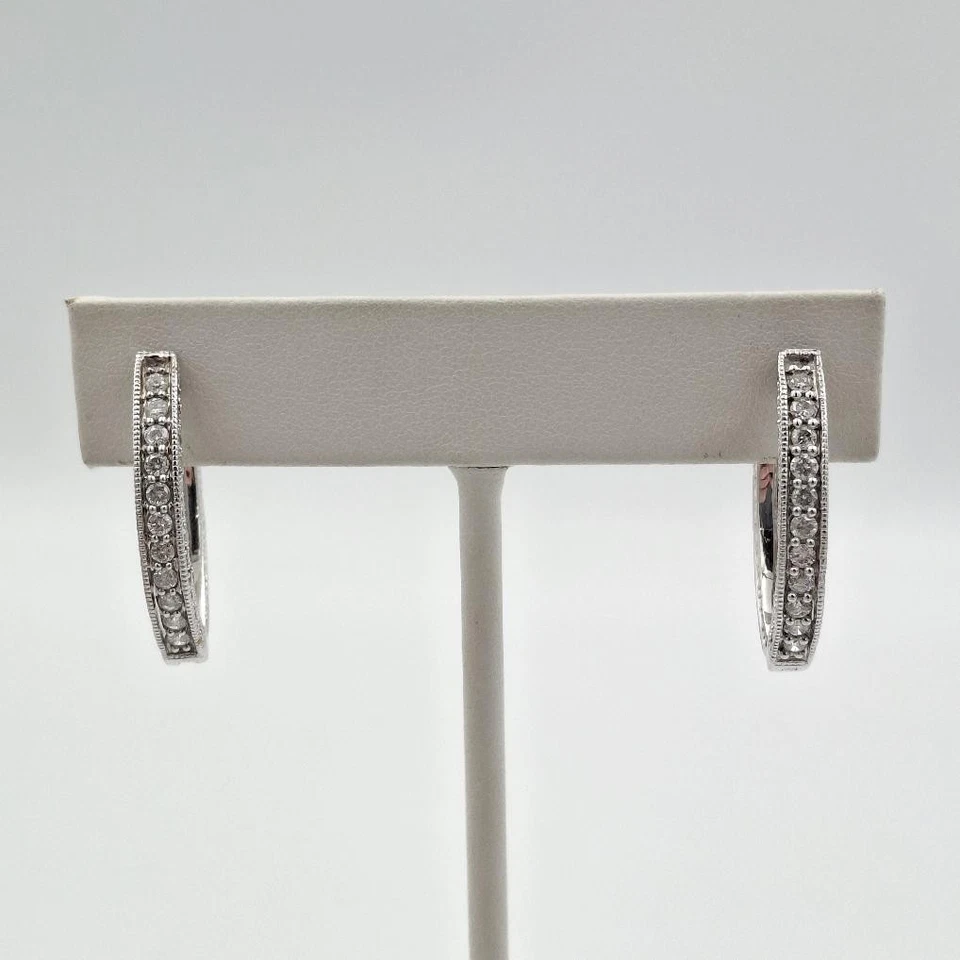 SJM S&J Corp 14K White Gold Round Diamond Hinged Marquise Shaped Hoop Earrings - Image 2 of 4