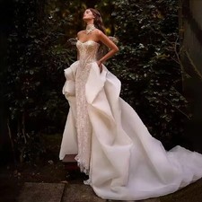 Bridal Gown Shiny Mermaid Wedding Dress Lace Pearl Long Sleeve Detachable Train