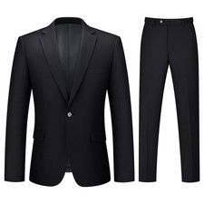 Mens Suit 2 Piece Black Suits for Men One Button Slim Fit Solid Jacket Pant...