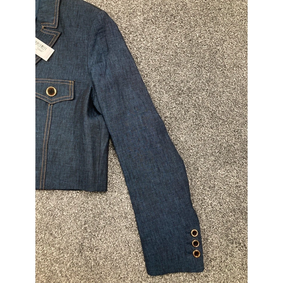 New Karen Millen Blazer Jacket Womens 8 Blue 100% Linen Tailored Cropped - Image 3 of 4