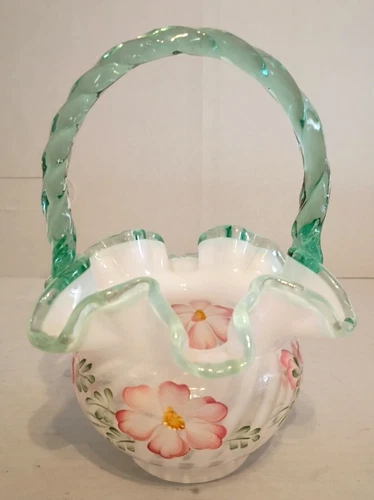 Vintage Fenton Glass Hand Painted Basket Signed P. Lane