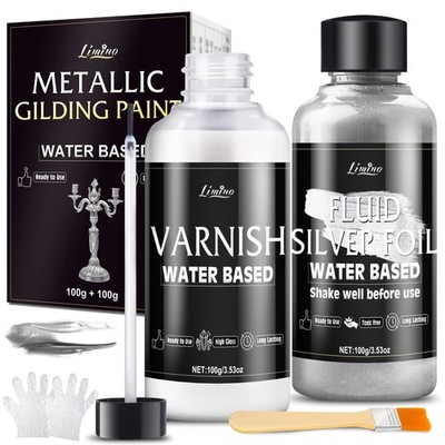 Metallic Silver Paint  3.5oz Water Based Silver Leaf Paint and 3.5oz Varnish,...