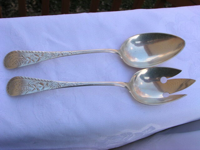 ESTATE WOOD & HUGHES STERLING ENGRAVED No1 PATTERN SALAD SET c.1890 ESTATE WOOD & HUGHES STERLING ENGRAVED No1 PATTERN SALAD SET c.1890