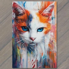 Art Print Colorful Cat Portrait Vibrant Splatter Paint Abstract Style Blue