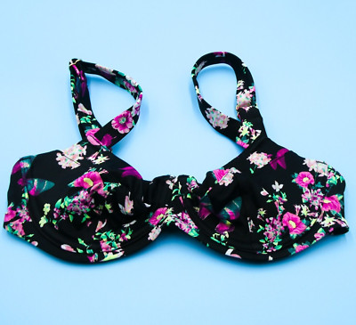 Victorias Secret 32C Black Floral Underwired Push Up Wide Straps Bikini Top New