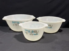 Mid-Century Modern Atomic White & Turquoise Kitchen Mixing Bowls Set Of 3